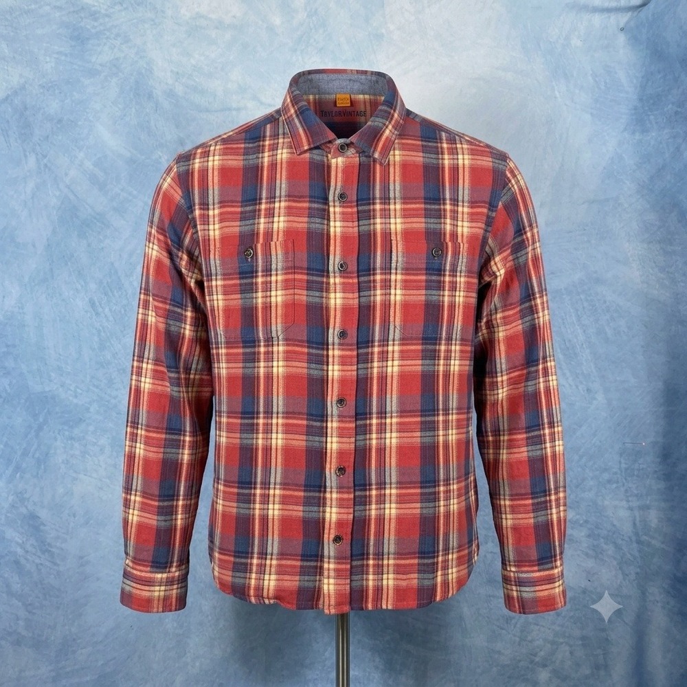 Tailor Vintage Mens XL Red Blue Plaid Flannel Button Down Shirt Stretch Cotton